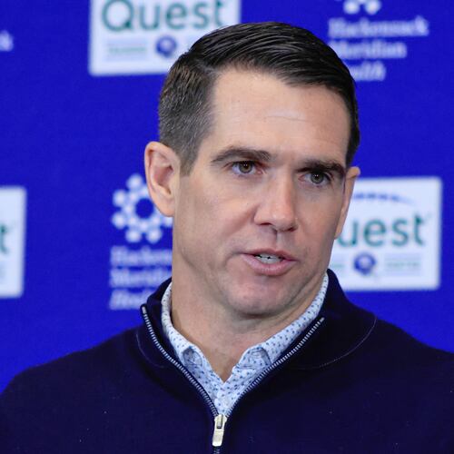 Joe Schoen, senior vice president and general manager of the New York Giants, speaks during an NFL football press conference, Tuesday, Dec. 2, 2025, in East Rutherford, N.J. (AP Photo/Kena Betancur)