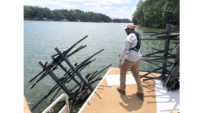 Fifteen new, Mossback fish attractors are sunk at Allatoona Lake, funded by a Forty Creek Distillers grant to the E3 Bassmasters Club. WILDLIFE RESOURCES DIVISION