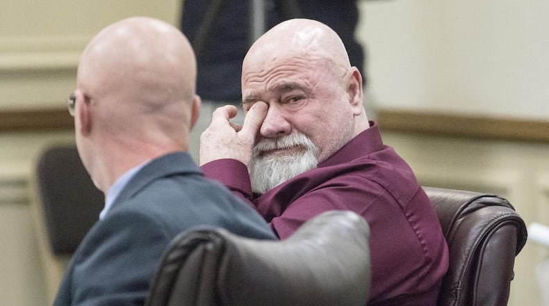 06/22/2018 — Griffin, GA - Franklin Gebhardt (right) becomes emotional while listening to an audio recording of an interview he had with investigators during Friday’s testimony. Gebhardt, 60, is charged with felony murder and other counts in the crime prosecutors say was driven by racial animus. ALYSSA POINTER/ALYSSA.POINTER@AJC.COM
