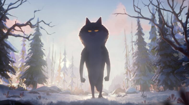 This image taken from video and released by agency Romance shows a scene of the two-and-a-half-minute film 'Unloved' created for the French supermarket company Intermarche, that tells the story of a lonely wolf who chooses to change. (Romance/Illogic Studios (Wizz)/Nadège Loiseau/Wibke Rauers via AP)