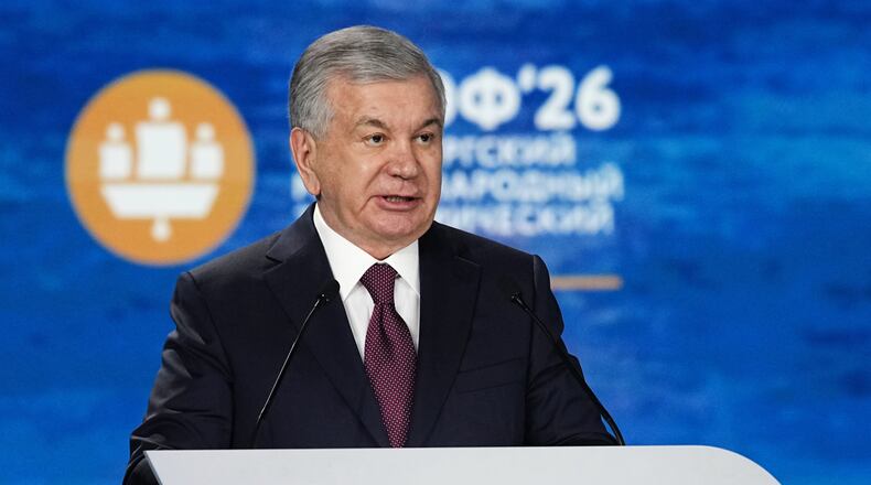 Uzbekistan's President Shavkat Mirziyoyev addresses a plenary session at the St. Petersburg International Economic Forum in St. Petersburg, Russia, on Friday, June 5, 2026. (AP Photo/Dmitri Lovetsky)