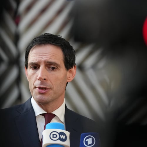 European Commissioner for Climate, Net-Zero and Clean Growth Wopke Hoekstra speaks with the media as he arrives for a meeting of EU Environment ministers at the European Council building in Brussels, Belgium, Tuesday, Nov. 4, 2025. (AP Photo/Virginia Mayo)