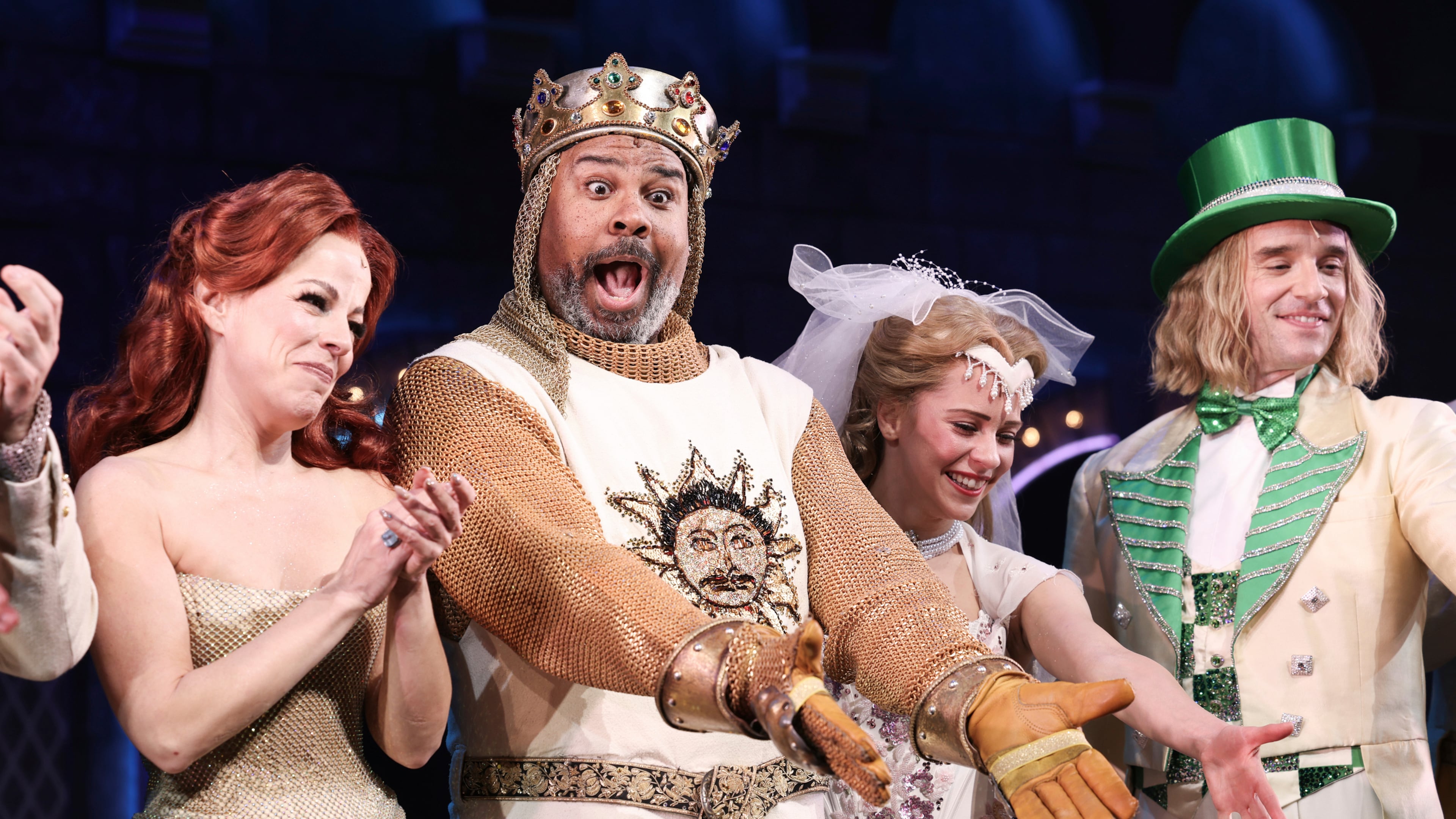 FILE - Leslie Rodriguez Kritzer, left, and James Monroe Iglehart, center, appear with other cast members at the curtain call for "Spamalot" in New York on Nov. 16, 2023. (Photo by CJ Rivera/Invision/AP, File)