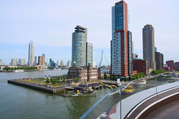 View of the harbour from the Fenix Migration Museum in Rotterdam, Netherlands, Wednesday, May 14, 2025. (AP Photo/Peter Dejong)
