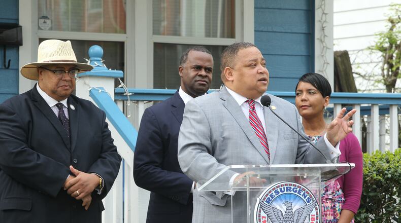 Michael Julian Bond, shown speaking at an April 2017 press conference about the English Avenue and VIne City area, was certified Saturday as the winner of his at-large Atlanta City Council seat after a recount on Friday, Nov. 17, 2017.
