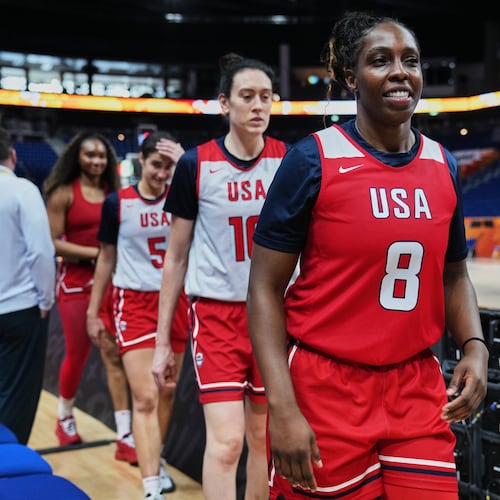 Chelsea Gray (8) of United States attends a training session ahead of the match between China and United States during the Women's Basketball World Cup in Berlin, Germany, Wednesday, Sept. 2, 2026. (AP Photo/Ebrahim Noroozi)