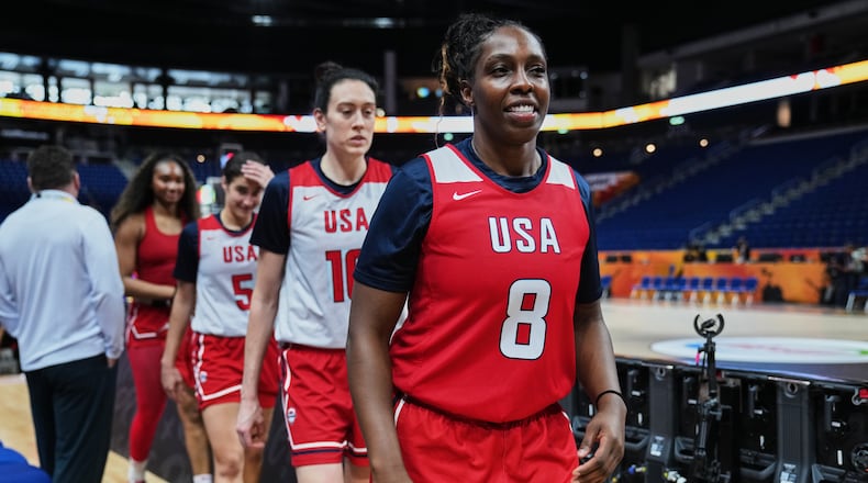 Chelsea Gray (8) of United States attends a training session ahead of the match between China and United States during the Women's Basketball World Cup in Berlin, Germany, Wednesday, Sept. 2, 2026. (AP Photo/Ebrahim Noroozi)
