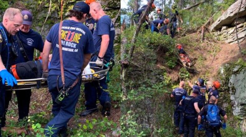 A crew hoisted the injured hiker up the steep cliff after he slipped and fell Sunday.