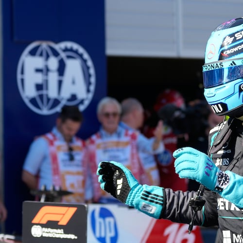 Mercedes driver George Russell of Britain reacts at the end of the qualifying session ahead of the Austrian F1 Grand Prix, in Spielberg, Austria, Saturday, June 27, 2026. (AP Photo/Darko Bandic)