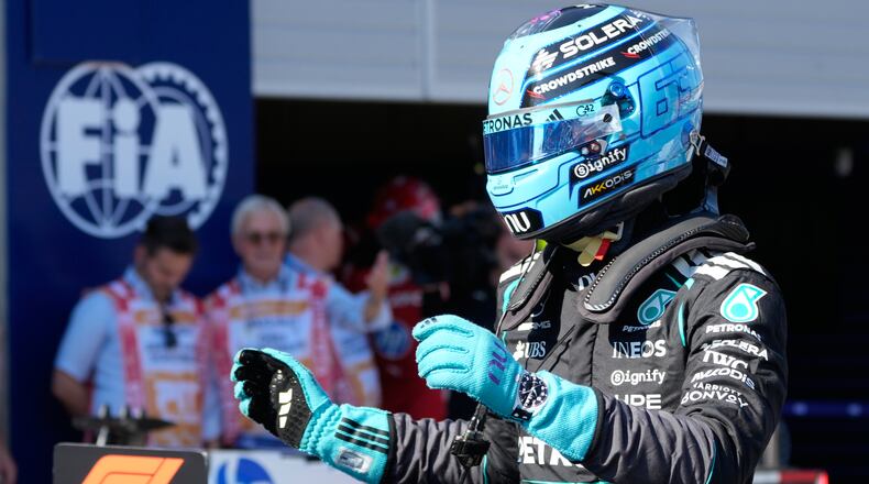 Mercedes driver George Russell of Britain reacts at the end of the qualifying session ahead of the Austrian F1 Grand Prix, in Spielberg, Austria, Saturday, June 27, 2026. (AP Photo/Darko Bandic)