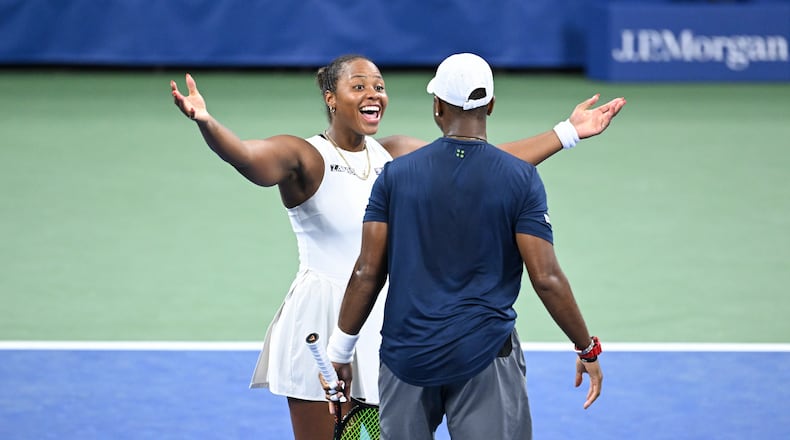 Taylor Townsend and Donald Young hug after their mixed doubles semifinal match at the 2024 US Open on Tuesday, Sept. 3, 2024 in Flushing, NY.