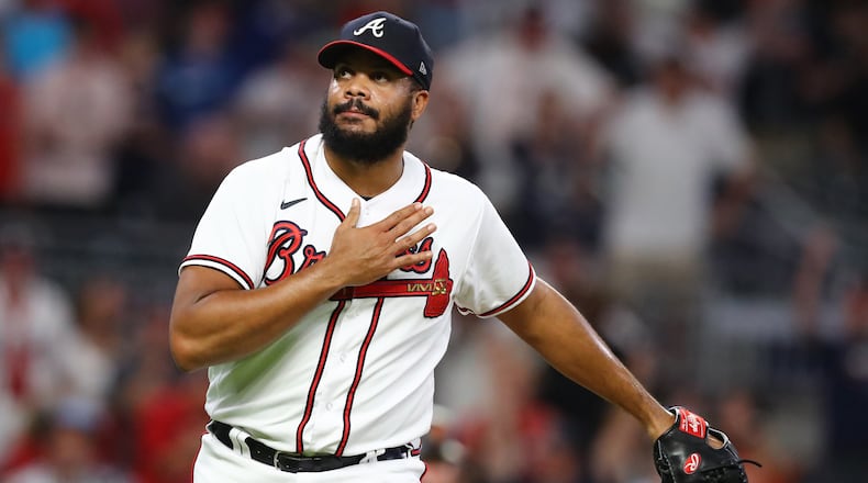 Braves reliever Kenley Jansen reacts during a moment in the June 20 matchup with the Giants at Truist Park. (Curtis Compton/ccompton@ajc.com)