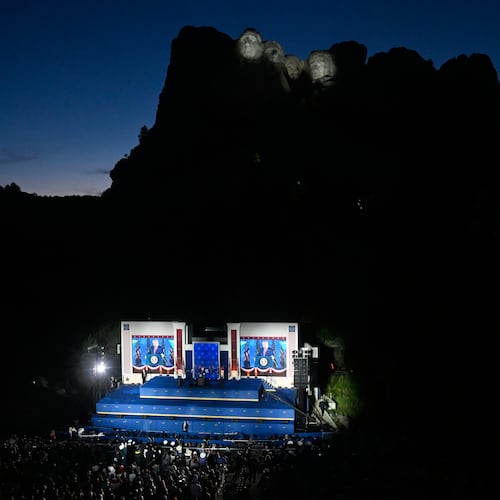 President Donald Trump speaks at Mount Rushmore National Memorial, Friday, July 3, 2026, near Keystone, S.D. (AP Photo/Matt Gade)