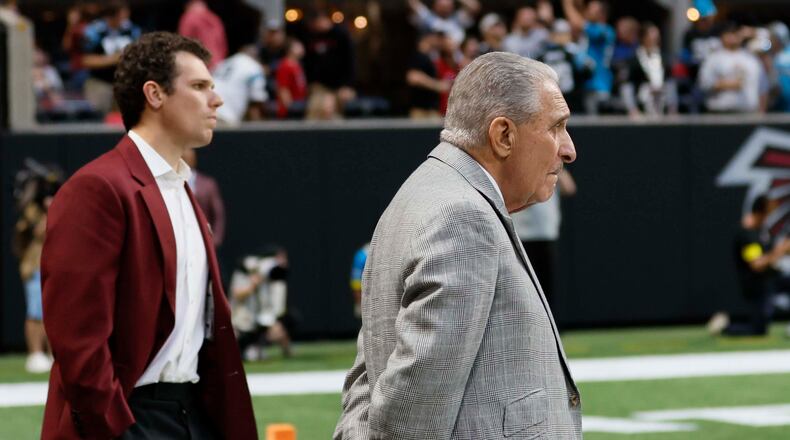 Atlanta Falcons owner Arthur Blank watches as Carolina Panthers kicker Ryan Fitzgerald makes the game-winning field goal to beat the Atlanta Falcons 30-27 in overtime. The Falcons' loss was their fifth straight and dropped them to 3-7. (Miguel Martinez/AJC)