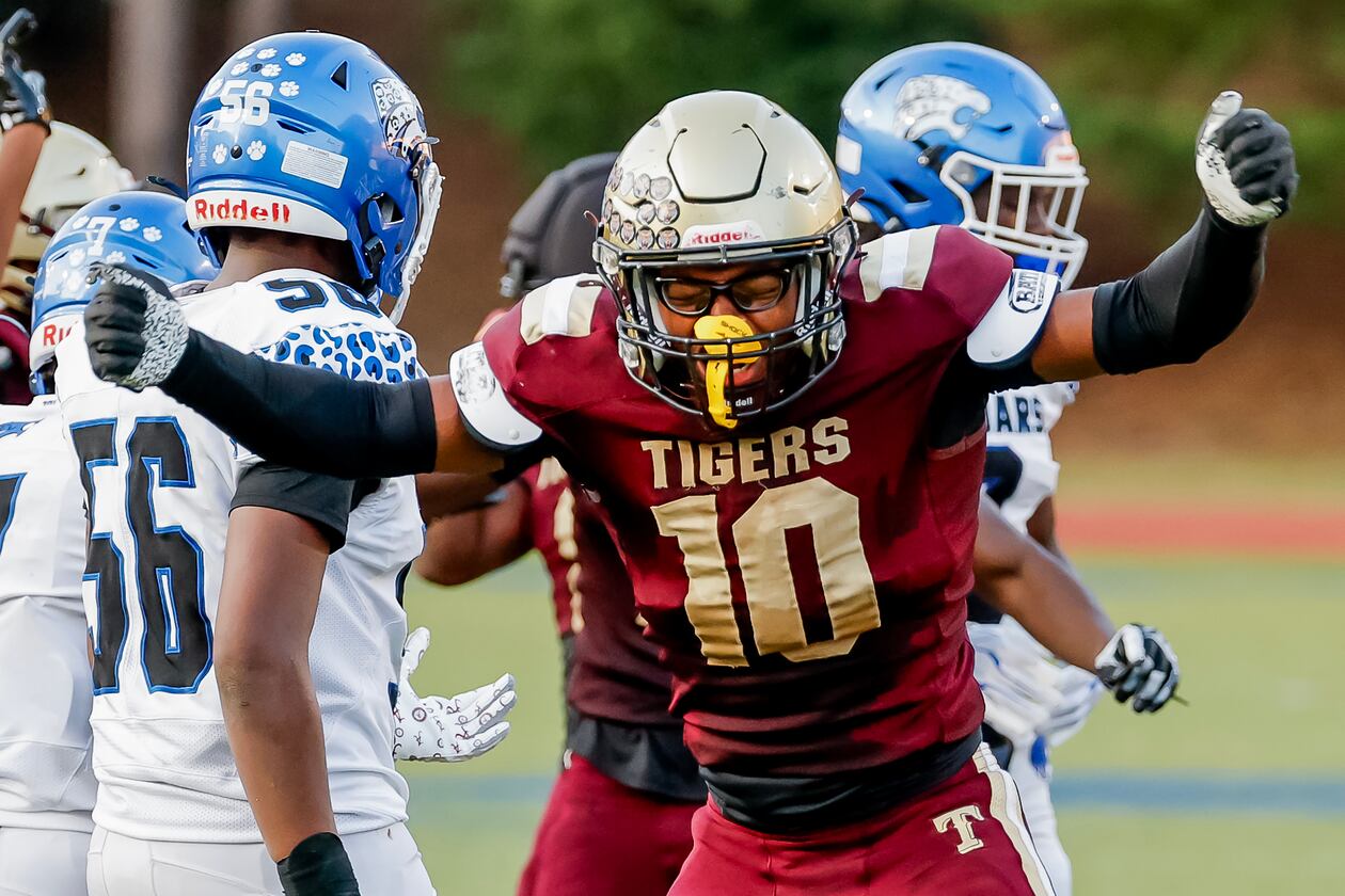 Tucker defender Samuel Bryant celebrates his sack of Stephenson quarterback Zabrian Boler during the first half a high school football game between Tucker and Stephenson at Haliford Stadium, Friday, Sept. 4, 2026, in Clarkston, GA. (Erik S. Lesser for the AJC)