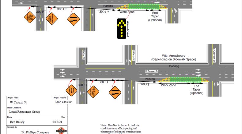 Construction on a second outdoor patio on the Lawrenceville Square outside D'Floridian and Oyster Bay will require a lane closure during weekday business hours on Crogan Street for approximately one month. (Courtesy City of Lawrenceville)