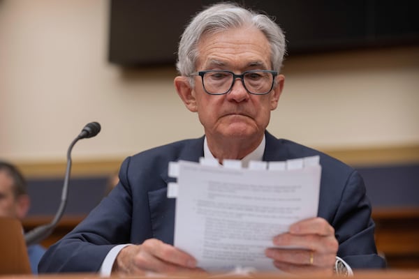 Federal Reserve Board Chairman Jerome Powell listens during a hearing of the House Committee on Financial Services on Capitol Hill, Tuesday, June 24, 2025, in Washington. (AP Photo/Mark Schiefelbein)