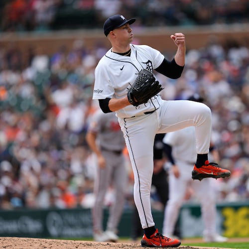 Detroit Tigers pitcher Tarik Skubal reacts to a pitch during the seventh inning of a baseball game against the Baltimore Orioles Wednesday, July 29, 2026, in Detroit. (AP Photo/Paul Sancya)