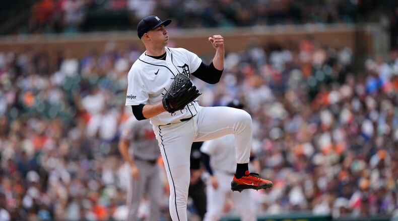 Detroit Tigers pitcher Tarik Skubal reacts to a pitch during the seventh inning of a baseball game against the Baltimore Orioles Wednesday, July 29, 2026, in Detroit. (AP Photo/Paul Sancya)