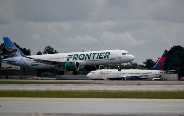 Frontier Airlines plane at Hartsfield-Jackson Atlanta International Airport on Thursday, May 28, 2026, in Atlanta. (Hyosub Shin/AJC)