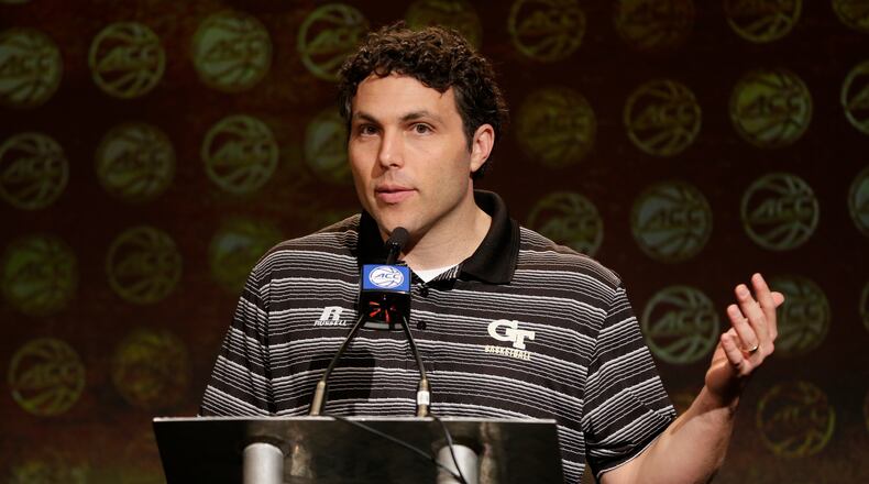 Georgia Tech head coach Josh Pastner answers a question during the Atlantic Coast Conference men's NCAA college basketball media day in Charlotte, N.C., Wednesday, Oct. 25, 2017. (AP Photo/Chuck Burton)
