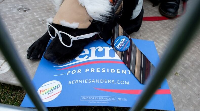 Frisco lies on a sign for Democratic presidential candidate Sen. Bernie Sanders, I-Vt., during a campaign rally on Monday, June 6, 2016, in San Francisco. (AP Photo/Noah Berger)