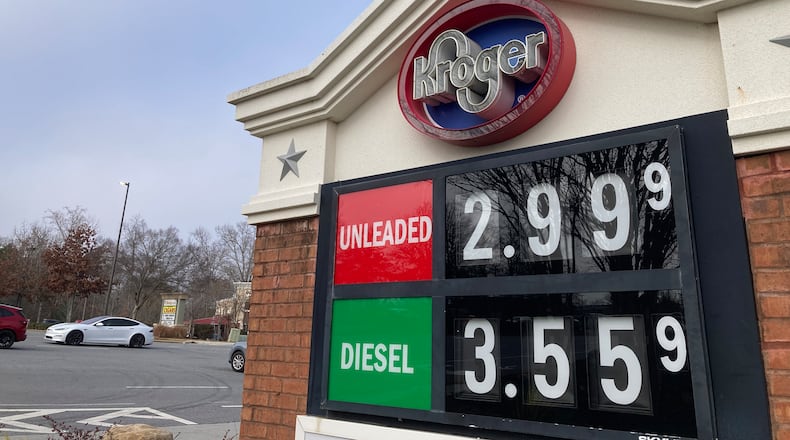 With world oil prices down, gas prices for Christmas driving are at their lowest level since 2020. Here, a gas station at a Kroger in Alpharetta.