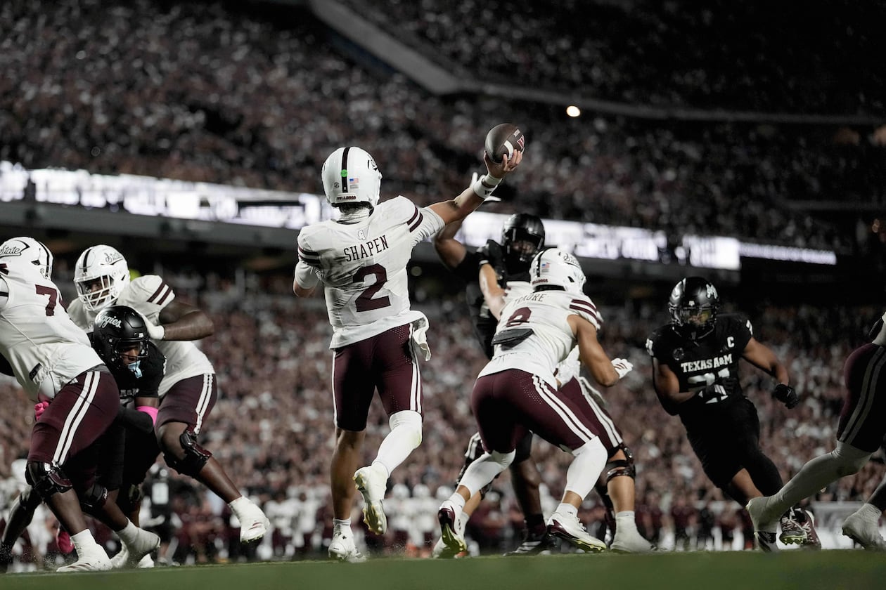Mississippi State quarterback Blake Shapen (2) passes downfield against Texas A&M during the second quarter Saturday, Oct. 4, 2025, in College Station, Texas. (Sam Craft/AP)