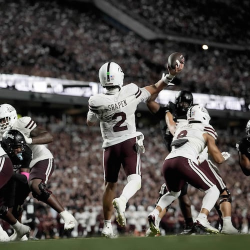 Mississippi State quarterback Blake Shapen (2) passes downfield against Texas A&M during the second quarter Saturday, Oct. 4, 2025, in College Station, Texas. (Sam Craft/AP)