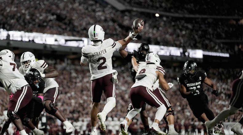 Mississippi State quarterback Blake Shapen (2) passes downfield against Texas A&M during the second quarter Saturday, Oct. 4, 2025, in College Station, Texas. (Sam Craft/AP)