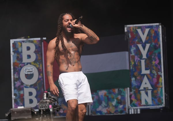 Bob Vylan perform on the West Holts Stage, during the Glastonbury Festival at Worthy Farm in Somerset. England, Saturday, June 28, 2025. (Yui Mok/PA via AP)