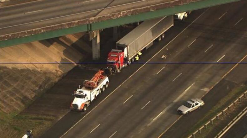 This is a Newschopper 2 view of the big rig wreck on Interstate 75/ northbound north of Interstate 575 in Cobb the day after the Super Bowl.
