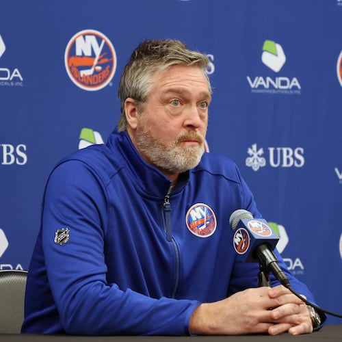 FILE - New York Islanders head coach Patrick Roy speaks to members of the media before an NHL hockey game against the Buffalo Sabres, Saturday, Jan. 24, 2026, in Elmont, N.Y. (AP Photo/Heather Khalifa, File)