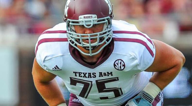 Sept 15, 2012.Texas A&M Aggies offensive linesman Jake Matthews (75) in action during the game between the Texas A&M Aggies vs Southern Methodist University Mustangs at Gerald Ford Stadium in Dallas Texas.. (Cal Sport Media via AP Images) Jake Matthews, 6-5, 305, OT, Texas A&M: The son of Hall of Fame guard Bruce Matthews. (Associated Press)