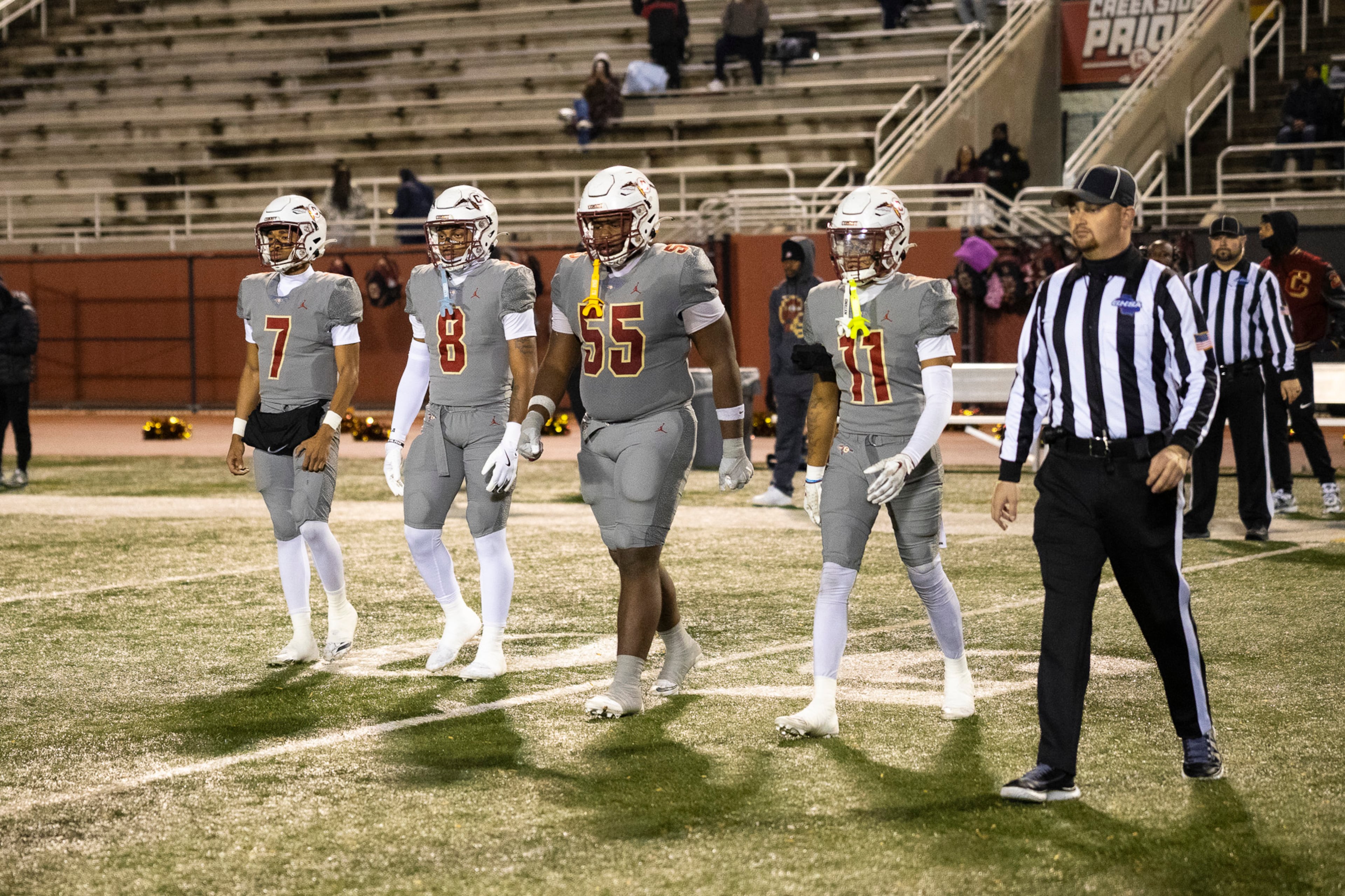 Creekside captains come up to the center circle before the game in the class 4A semifinal against Kell at Creekside High School in Fairburn, GA on Friday, December 5, 2025. (Oscar Guevara Saenz for the AJC)