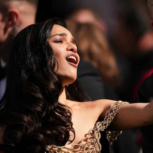 Rachel Zegler reacts upon arrival at the Olivier Awards in London, England, Sunday, April 12, 2026. (Photo by Scott A Garfitt/Invision/AP)