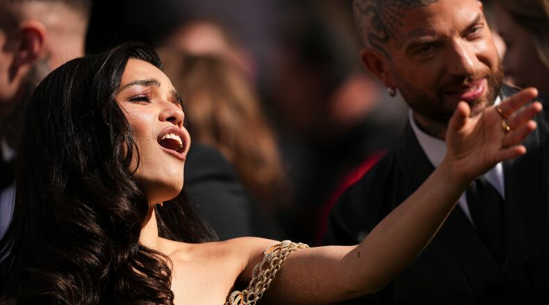 Rachel Zegler reacts upon arrival at the Olivier Awards in London, England, Sunday, April 12, 2026. (Photo by Scott A Garfitt/Invision/AP)