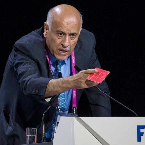 FILE - Jibril Rajoub, president of the Palestinian Football Association speaks during the 65th FIFA Congress held at the Hallenstadion in Zurich, Switzerland, Friday, May 29, 2015. (Patrick B. Kraemer/Keystone via AP, File)