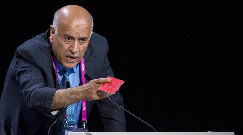 FILE - Jibril Rajoub, president of the Palestinian Football Association speaks during the 65th FIFA Congress held at the Hallenstadion in Zurich, Switzerland, Friday, May 29, 2015. (Patrick B. Kraemer/Keystone via AP, File)