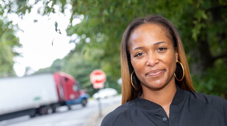 Valerie Boucher, local west Atlanta resident and CEO of Bellwood Homes, wants the next mayor of Atlanta to focus on safety issues on the westside of the city. The community has asked for years for a traffic light at the intersection of James Jackson Parkway NW and Northwest Drive and has largely been ignored. The dangerous four-way stop is one block from a school and a City of Atlanta park, has pedestrian crossing options and is heavily traveled by 18-wheel vehicles, residents and school bus traffic. (Jenni Girtman for The Atlanta Journal-Consitution).