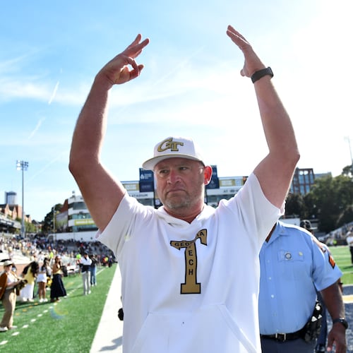 Georgia Tech head coach Brent Key celebrates the team’s 8th consecutive win this season after Georgia Tech beat Syracuse during an NCAA college football game at Bobby Dodd Stadium, Saturday, October 25, 2025 in Atlanta. Georgia Tech won 41-16 over Syracuse. The Yellow Jackets are 8-0 for the first time since 1966 and 5-0 in the ACC for the first time ever. (Hyosub Shin / AJC)
