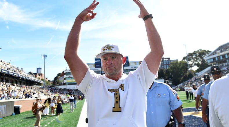 Georgia Tech head coach Brent Key celebrates the team’s 8th consecutive win this season after Georgia Tech beat Syracuse during an NCAA college football game at Bobby Dodd Stadium, Saturday, October 25, 2025 in Atlanta. Georgia Tech won 41-16 over Syracuse. The Yellow Jackets are 8-0 for the first time since 1966 and 5-0 in the ACC for the first time ever. (Hyosub Shin / AJC)