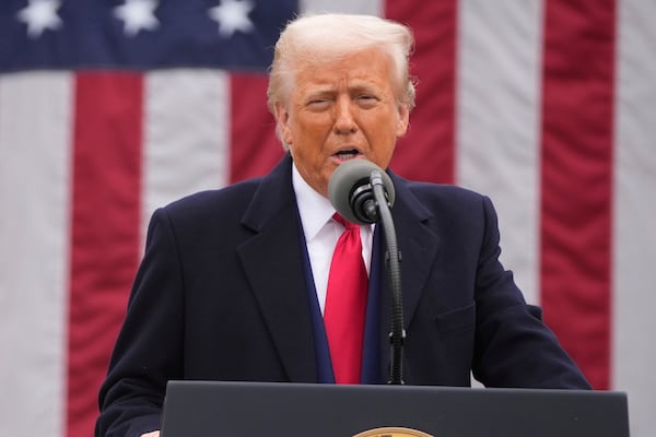President Donald Trump speaks during an event to announce new tariffs in the Rose Garden at the White House, Wednesday, April 2, 2025, in Washington. (AP Photo/Mark Schiefelbein)