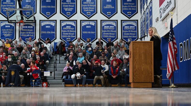 U.S. Rep. Marjorie Taylor Greene speaks in support of former President Donald Trump during the Boone County Republican Caucus meeting at Des Moines Area Community College Boone Campus, Monday, January 15, 2024, in Boone, Iowa. (Hyosub Shin / Hyosub.Shin@ajc.com)