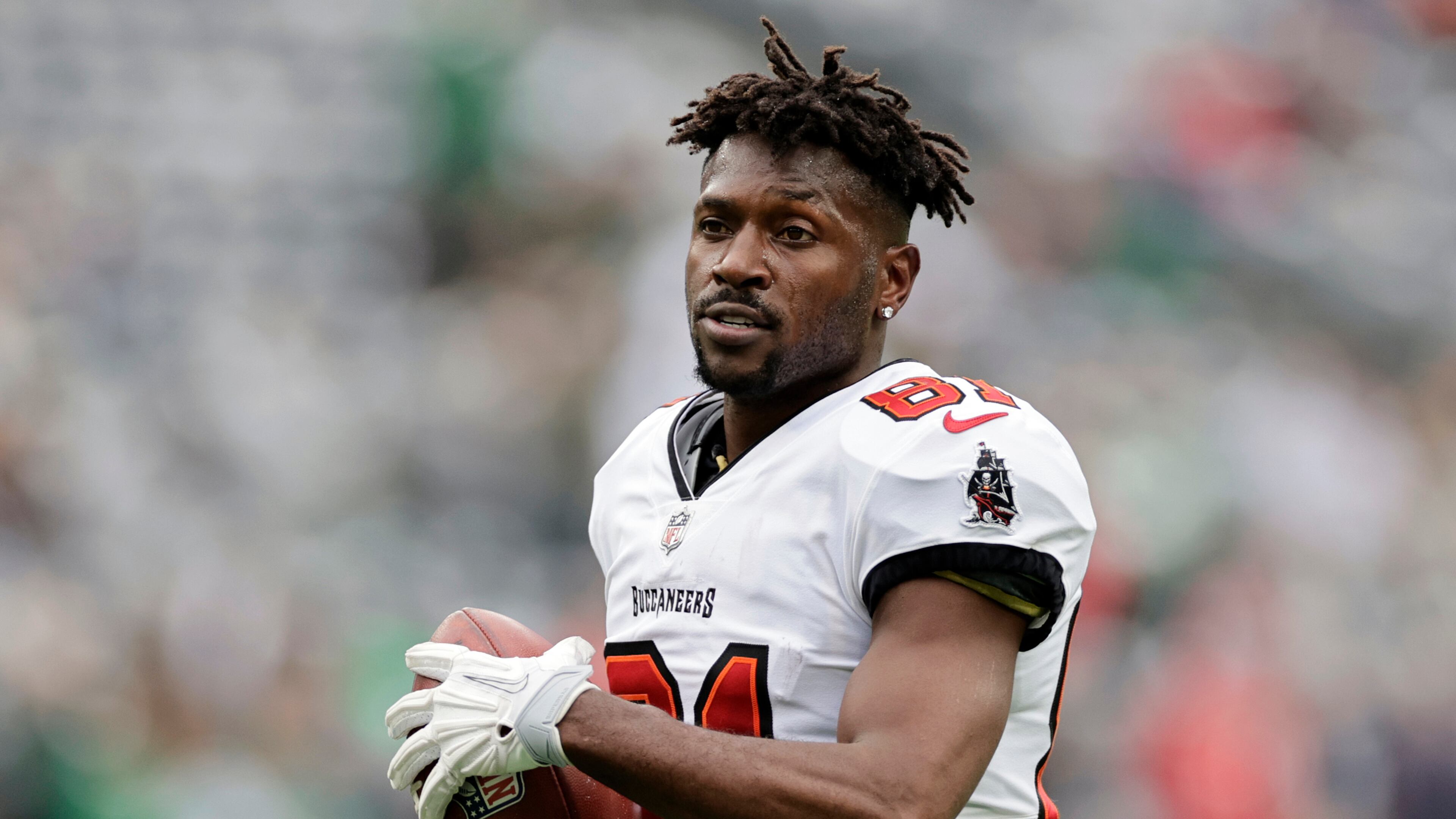 FILE - Tampa Bay Buccaneers wide receiver Antonio Brown (81) walks on the field during an NFL football game against the New York Jets, Jan. 2, 2022, in East Rutherford, N.J. (AP Photo/Adam Hunger, File)