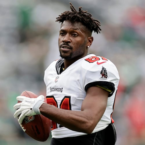 FILE - Tampa Bay Buccaneers wide receiver Antonio Brown (81) walks on the field during an NFL football game against the New York Jets, Jan. 2, 2022, in East Rutherford, N.J. (AP Photo/Adam Hunger, File)