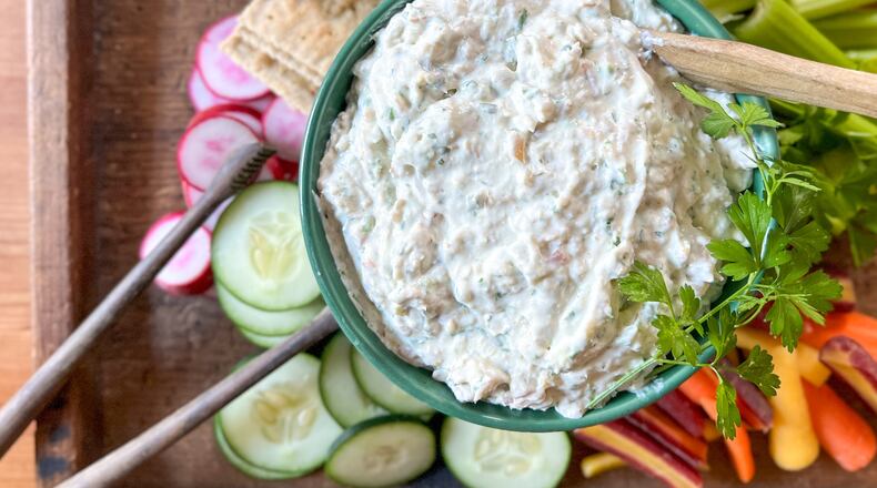 Creamy smoked trout dip is an easy, elegant and affordable option for entertaining on New Year’s Eve. (Virginia Willis for the AJC)