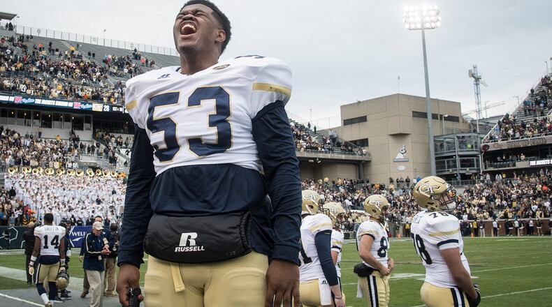 Georgia Tech Jahaziel Lee (53) celebrates as their football game goes into the final moments against Virginia Tech on Saturday, Nov.11, 2017, in Atlanta. (Photo/John Amis)