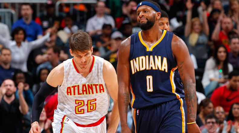 C.J. Miles of the Indiana Pacers reacts after Kyle Korver of the Atlanta Hawks hit a 3-point basket at Philips Arena on March 13, 2016 in Atlanta, Georgia. (Photo by Kevin C. Cox/Getty Images)