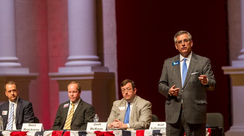 State Representative Brad Raffensperger speaks during the Georgia Secretary of State debate at Lassiter High School in Marietta, Georgia, on Monday, April 9, 2018. (REANN HUBER/REANN.HUBER@AJC.COM)